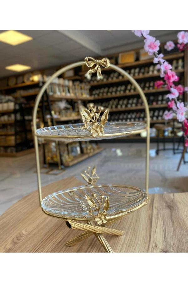 Azade Home Gold Japongül Pirinç İki Katlı Cam Sunum - Image 1