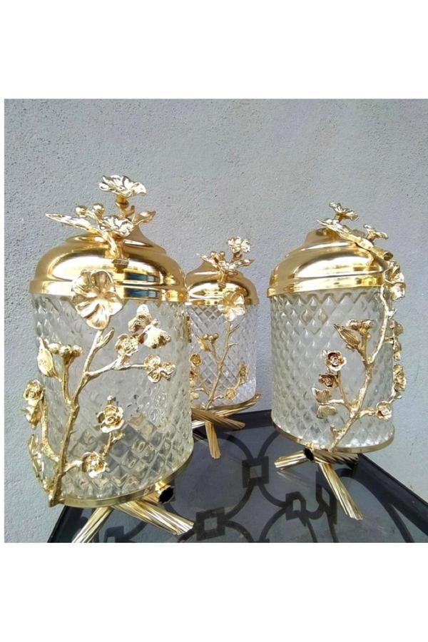 Azade Home Gold Pirinç Japongül Ayaklı Lüx Kristal Cam Kavanoz 3’Lü Set - Image 1