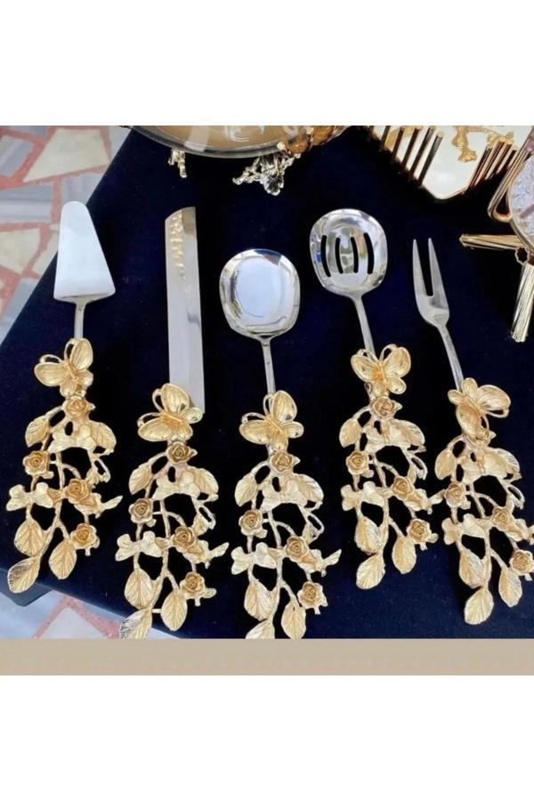Azade Home Gold Pirinç Çok Çiçek Kelebek 5’Li Servis Set - Image 1