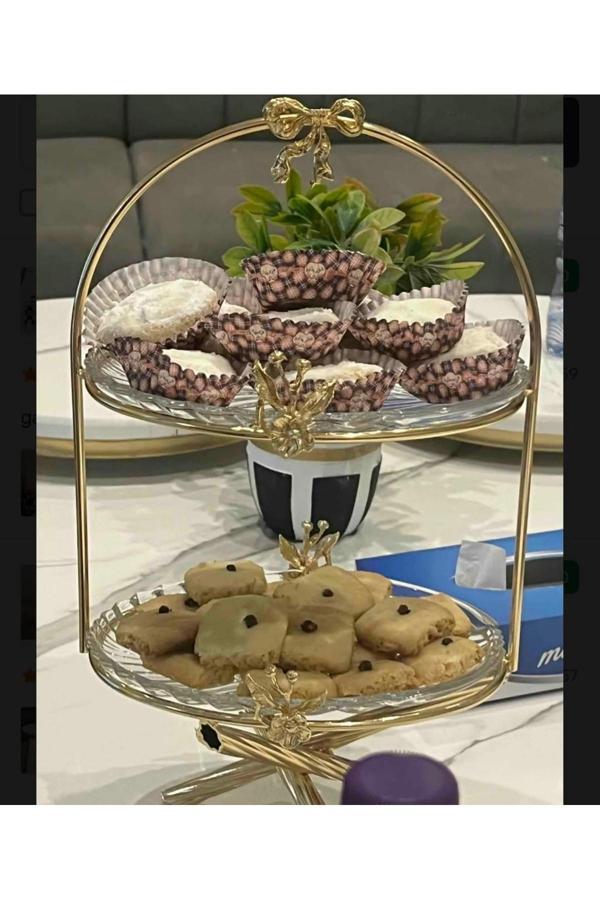 Azade Home Gold Japongül Pirinç İki Katlı Cam Sunum - Image 1