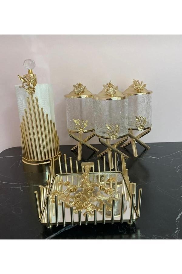 Azade Home Gold Pirinç Japongül Mini Kristal 3’Lü Kavanoz, Çubuk Rulo Ve Kelebek Kare Pecete 3’Lü Set - Image 1