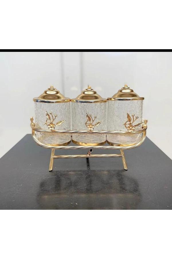 Azade Home Gold Pirinç Japongül Standlı Mini Çatlak Kavanoz 3’Lü Set - Image 1