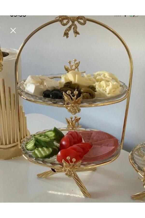 Azade Home Gold Japongül Pirinç İki Katlı Cam Sunum - Image 1