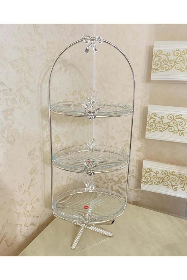 Azade Home Gümüş Pirinç Japongül Üç Katlı Cam Sunumluk - Image 1