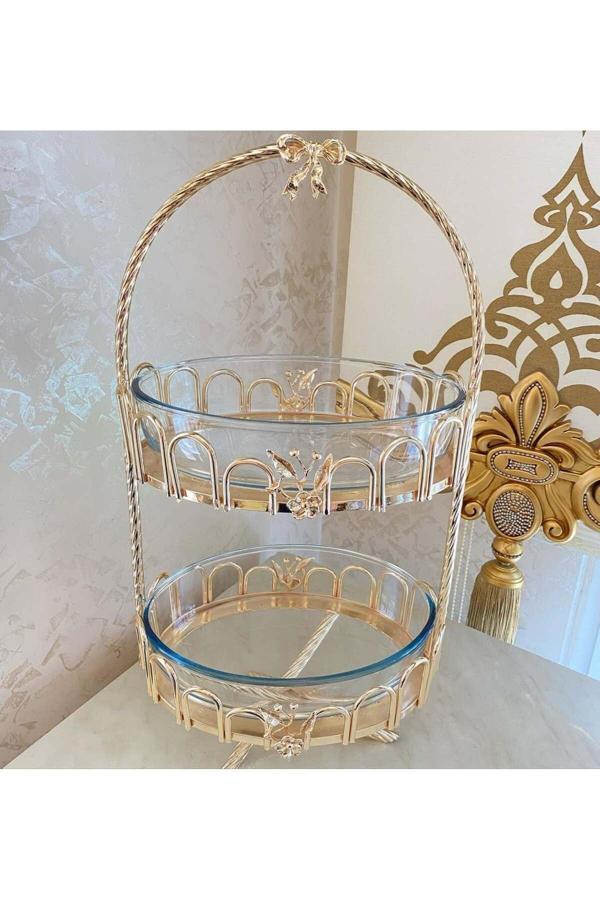 Azade Home Gold Pirinç Japongül Dalgalı İki Katlı Borcam - Image 1