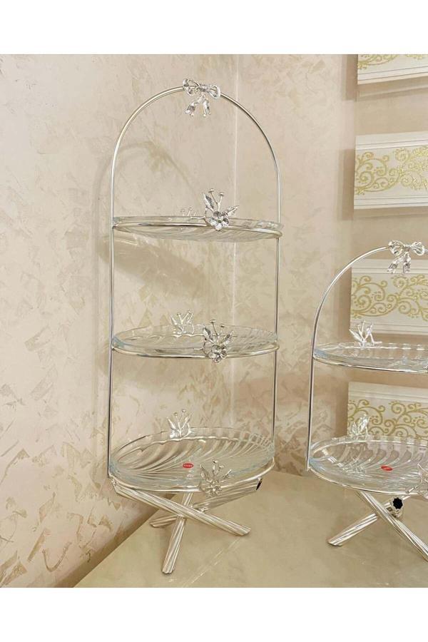 Azade Home Gümüş Pirinç Japongül Üç Katlı Cam Sunum Ve İki Katlı Cam Sunum 3’Lü Set - Image 1