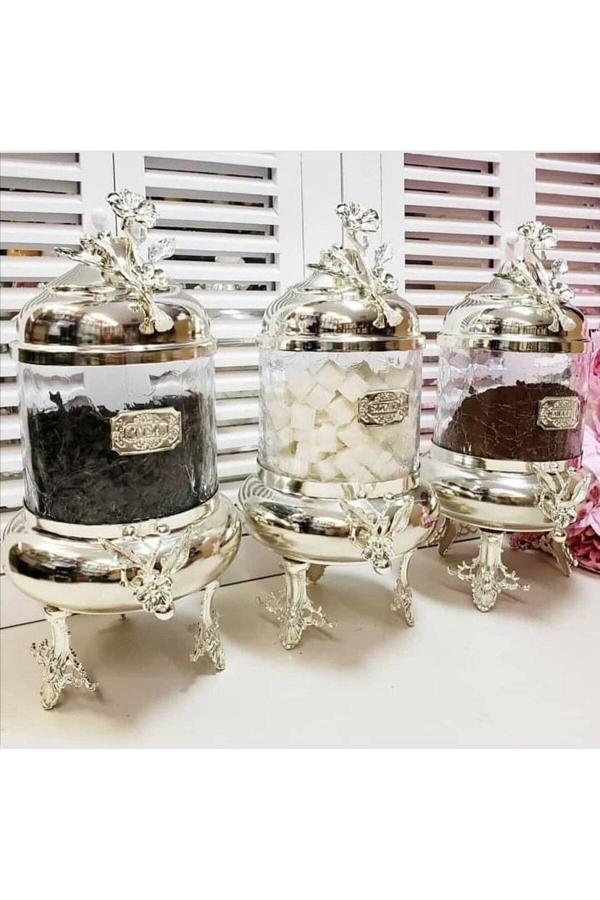 Azade Home Gümüş Pirinç Lüx Kavanoz 3’Lü Set - Image 1