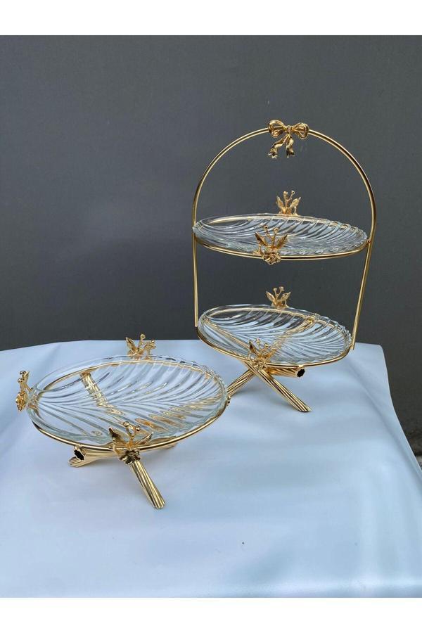 Azade Home 2 Katlı Ve Tekli Cam Sunumluk Set Gold - Image 1