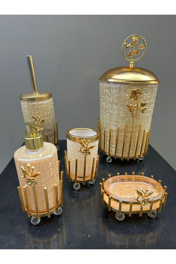 Azade Home Çubuklu Krem Cam Yuvarlak Banyo Set - Image 1