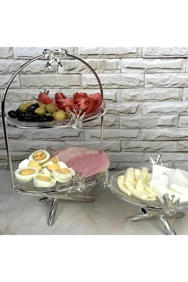 Azade Home Japongül İki Katlı Cam Sunum Ve Japongül Tekli Cam Sunum Gümüş Set - Image 1