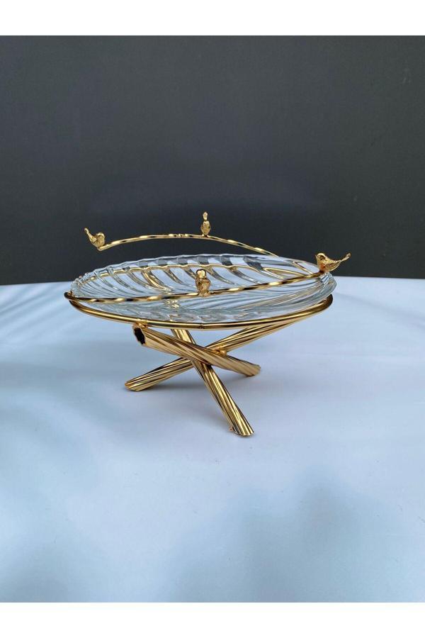 Azade Home Kuşlu Tekli Cam Sunumluk Gold Renk - Image 1