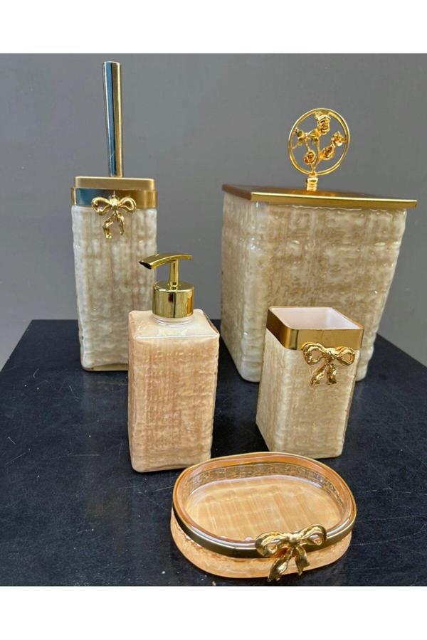 Azade Home Lüx Krem Cam Kare Banyo 5’Li Set - Image 1