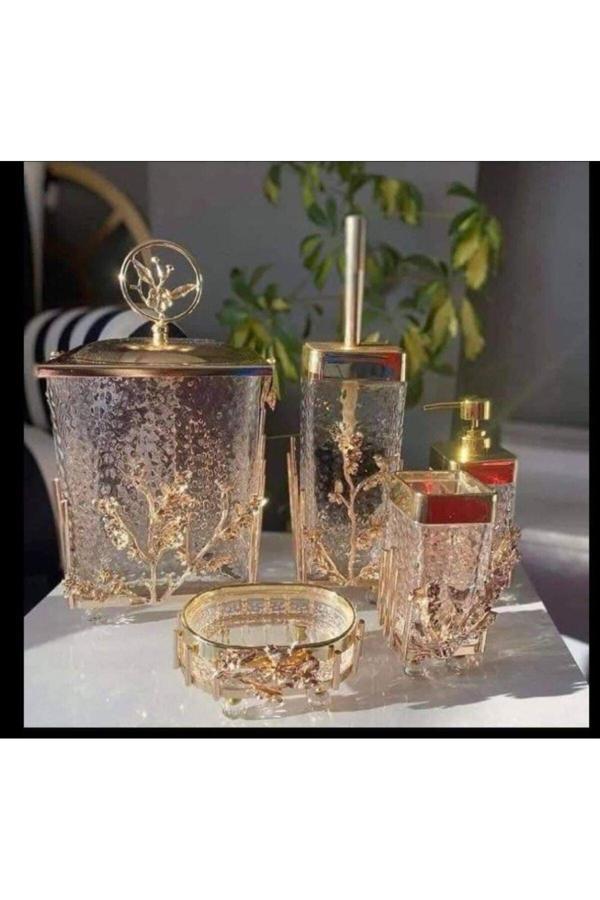Azade Home Gold Pirinç Çok Çiçek Kare Şeffaf Cam 5’Li Banyo Set - Image 1