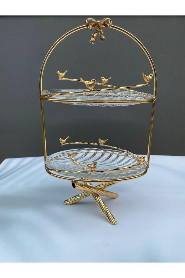 Azade Home Kuşlu Model 2 Katlı Cam Sunumluk Gold - Image 1