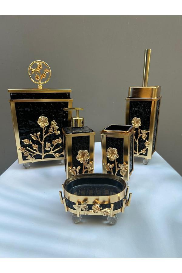 Azade Home Çerçeveli Japongül Siyah Cam Kare Banyo Set - Image 1