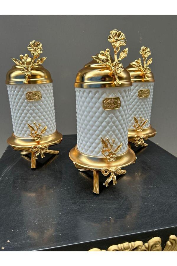 Azade Home Gold Pirinç Ayaklı Kristal Beyaz Cam Kavanoz 3’Lü Set - Image 1