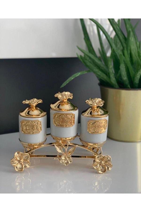 Azade Home Üçlü Mini Porselen Baharatlık Gold Renk - Image 1