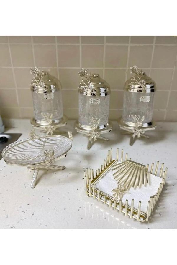 Azade Home Gümüş Pirinç Japongül Ayaklı Lüx, Tekli Cam Sunum Ve Çubuk Kare Peçete 3’Lü Set - Image 1