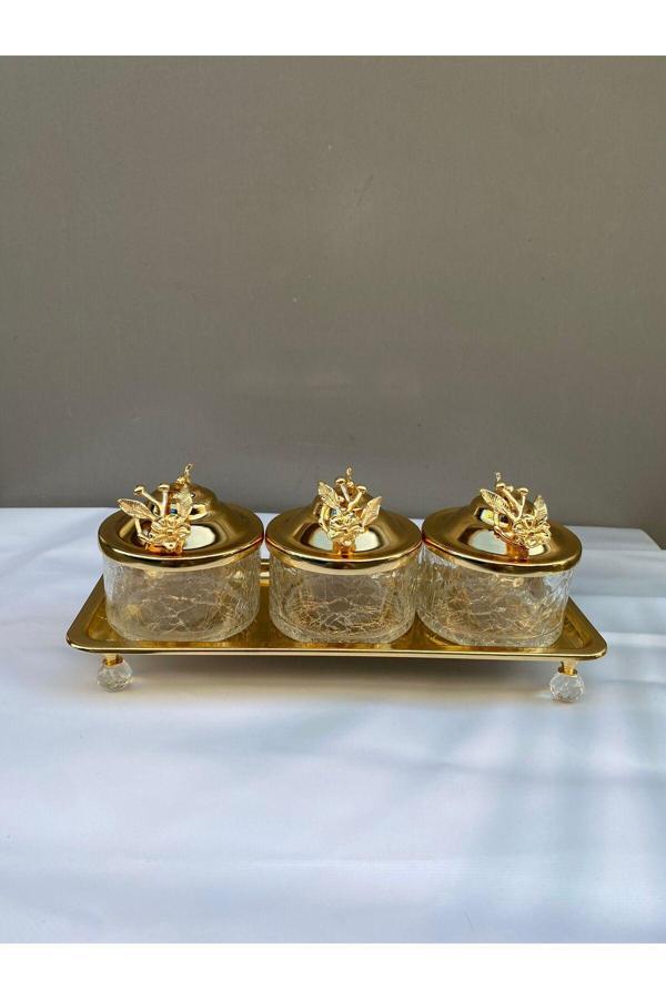 Azade Home Japon Güllü Tepsili Sunumluk Kapaklı Gold Renk - Image 1