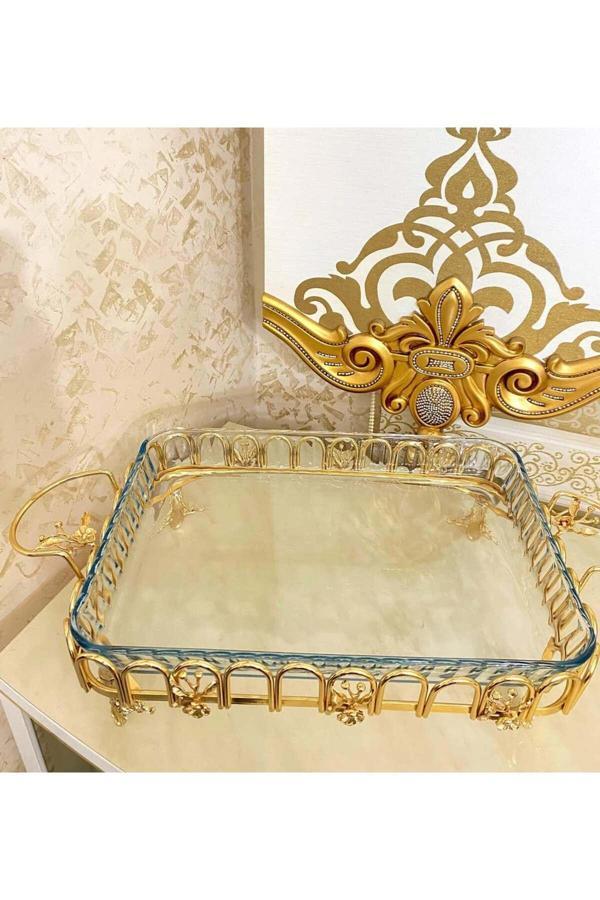 Azade Home Gold Pirinç Japongül Dalgalı Dikdörtgen Borcam Cam Sunumluk - Image 1