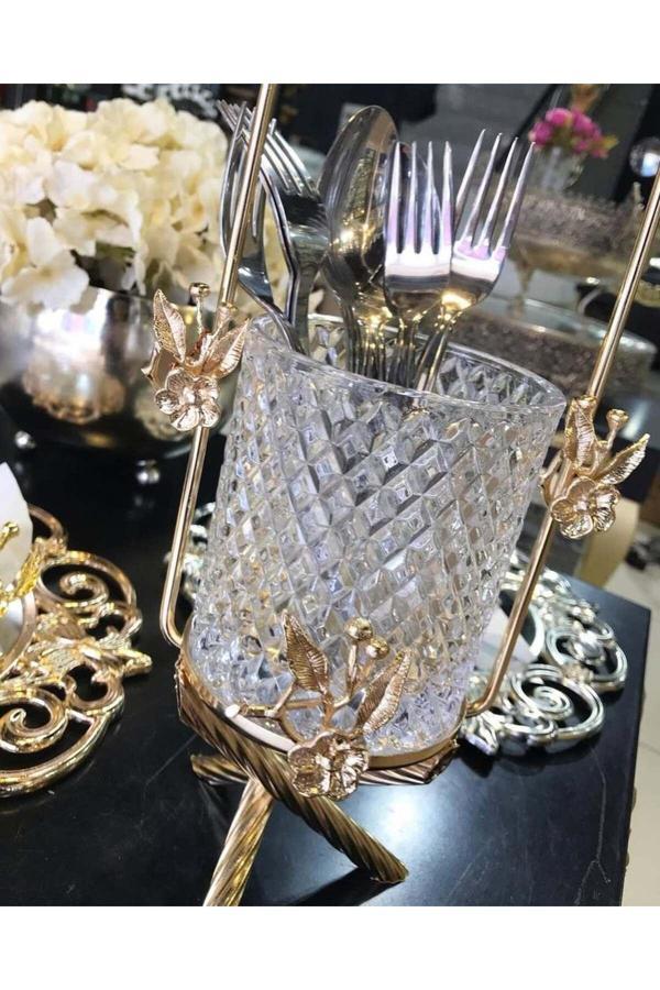 Azade Home Gold Pirinç Japongül Ayaklı Kristal Cam Kaşıklık - Image 1