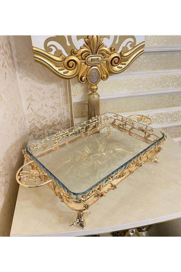 Azade Home Gold Komple Pirinç Çok Çiçek Dikdörtgen Borcam Cam Sunumluk - Image 1