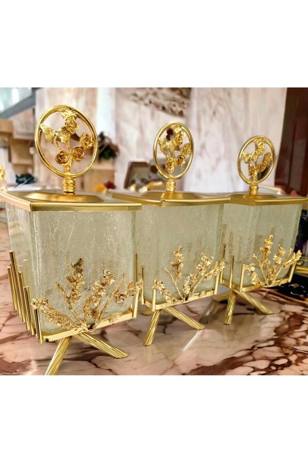 Azade Home Gold Pirinç Çok Çiçek Kare 3’Lü Kavanoz - Image 1