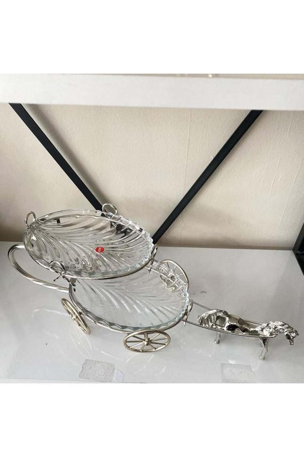 Azade Home Gümüş Pirinç Atlı İki Katlı Cam Sunum - Image 1