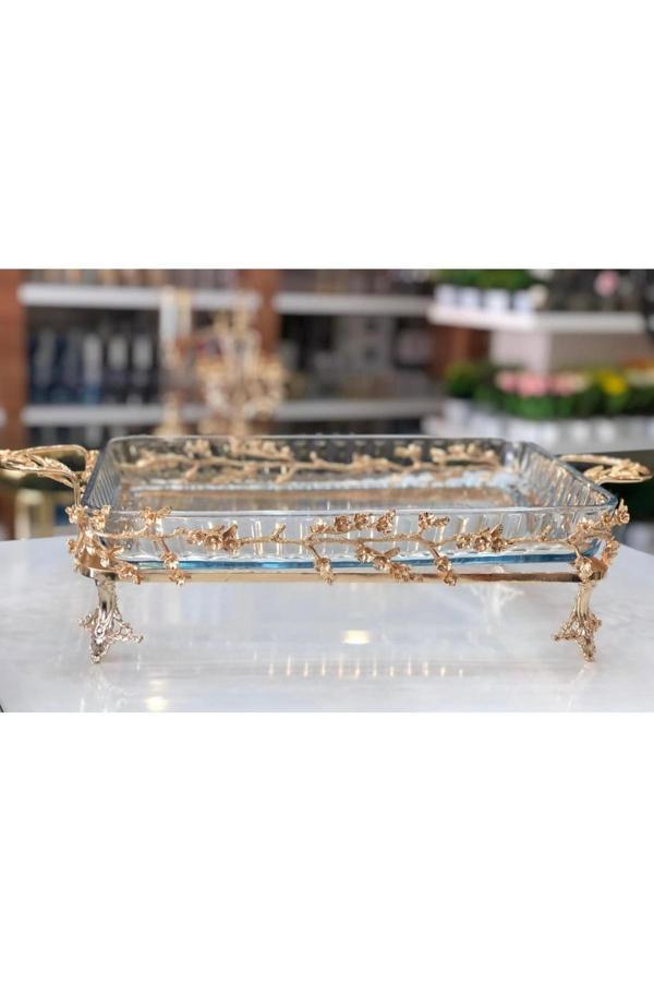 Azade Home Gold Komple Pirinç Çok Çiçek Dikdörtgen Borcam Cam Sunumluk - Image 1