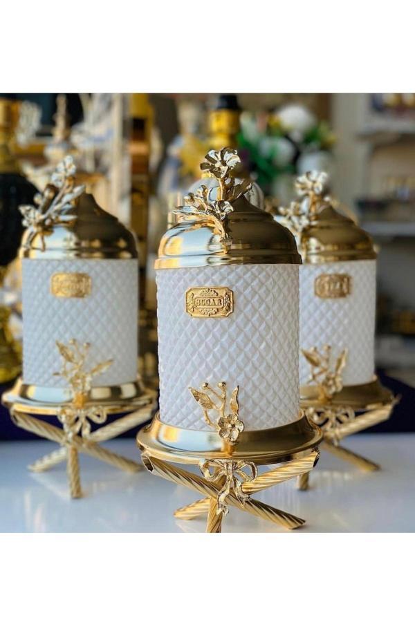 Azade Home Gold Pirinç Japongül Ayaklı Kristal Beyaz Kavanoz 3’Lü Set - Image 1