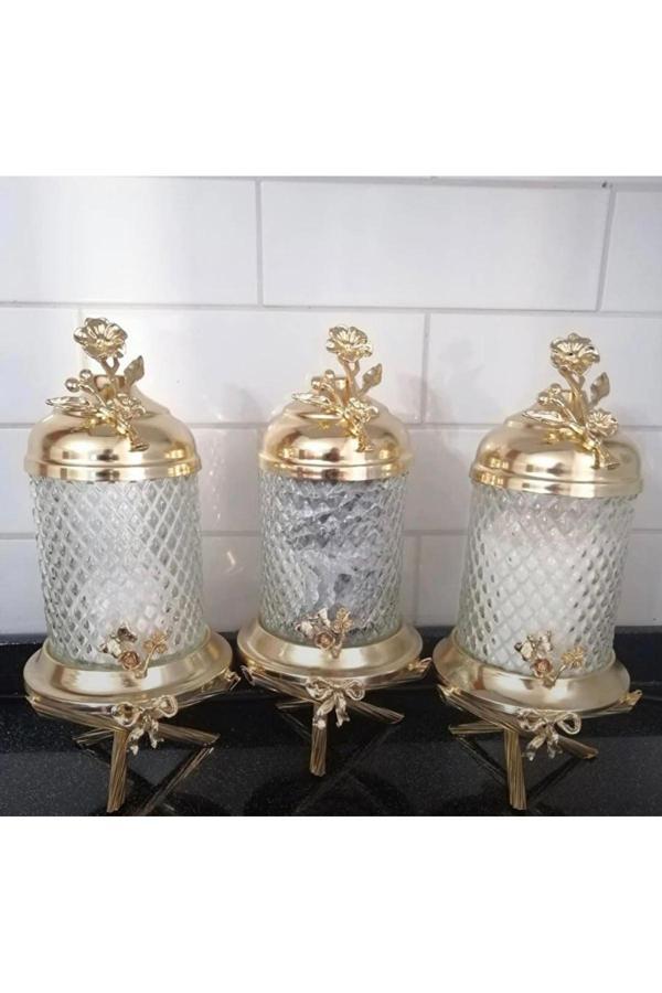 Azade Home Gold Pirinç Ayaklı Lüx Kavanoz 3’Lü Set - Image 1