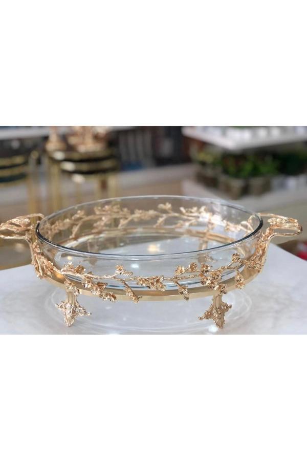 Azade Home Gold Komple Pirinç Çok Çiçek Oval Borcam Cam Sunumluk - Image 1