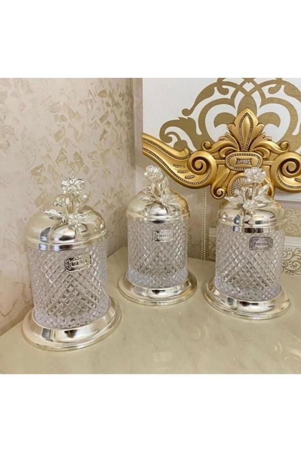 Azade Home Gümüş Pirinç Japongül Lüx Kristal Kavanoz 3’Lü Set - Image 1