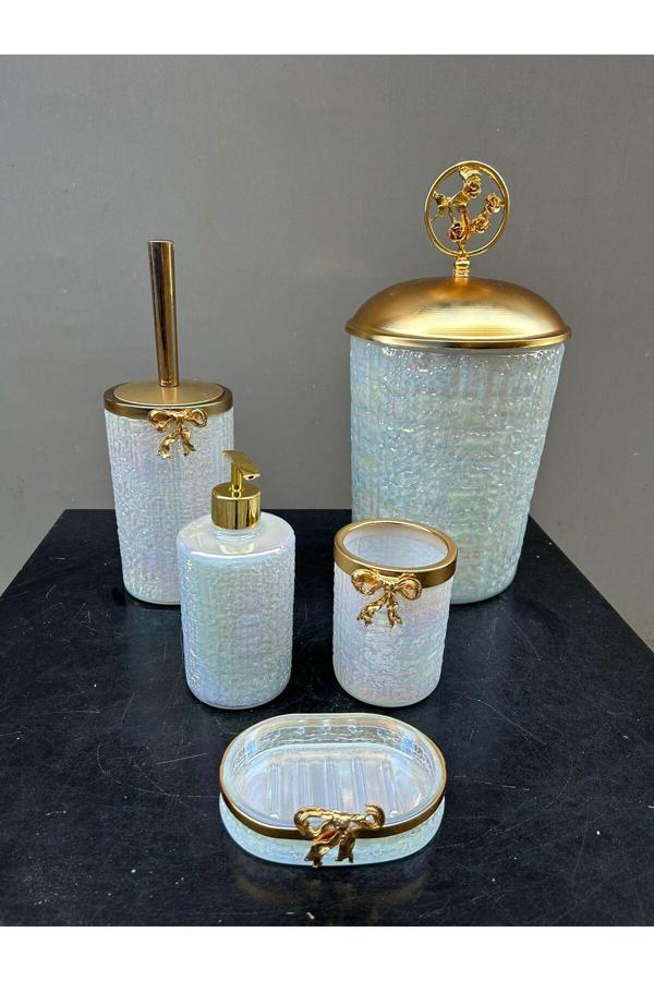 Azade Home Lüx Beyaz Yuvarlak Cam Banyo Set - Image 1
