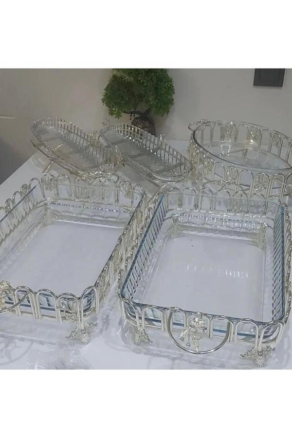 Azade Home Gümüş 2Ad. Dalgalı Dikdörtgen Borcam, Dalgalı Oval Borcam Ve 2Ad. Japongül Tekli Kahvaltılık Set - Image 1