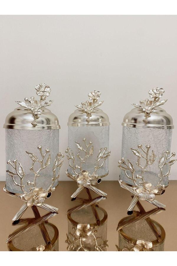 Azade Home Gümüş Tomurcuk Çiçek Pirinç Ayaklı Lüx Kavanoz 3’Lü Set - Image 1