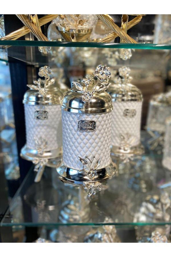 Azade Home Japongül Ayaklı Kristal Beyaz Cam Gümüş Kavanoz Set - Image 1