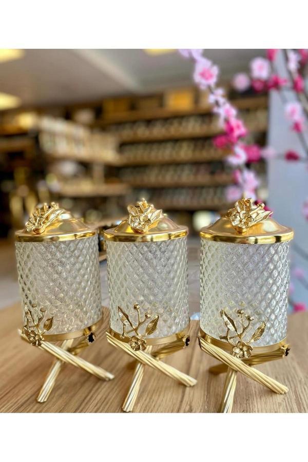 Azade Home Gold Pirinç Japongül Kristal Cam Kavanoz 3’Lü Set - Image 1