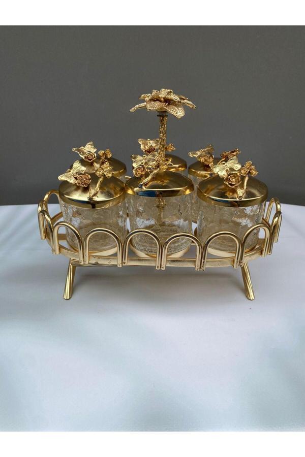 Azade Home Palmiye Model Gold Renk 6Lı Midi Boy Cam Baharatlık - Image 1