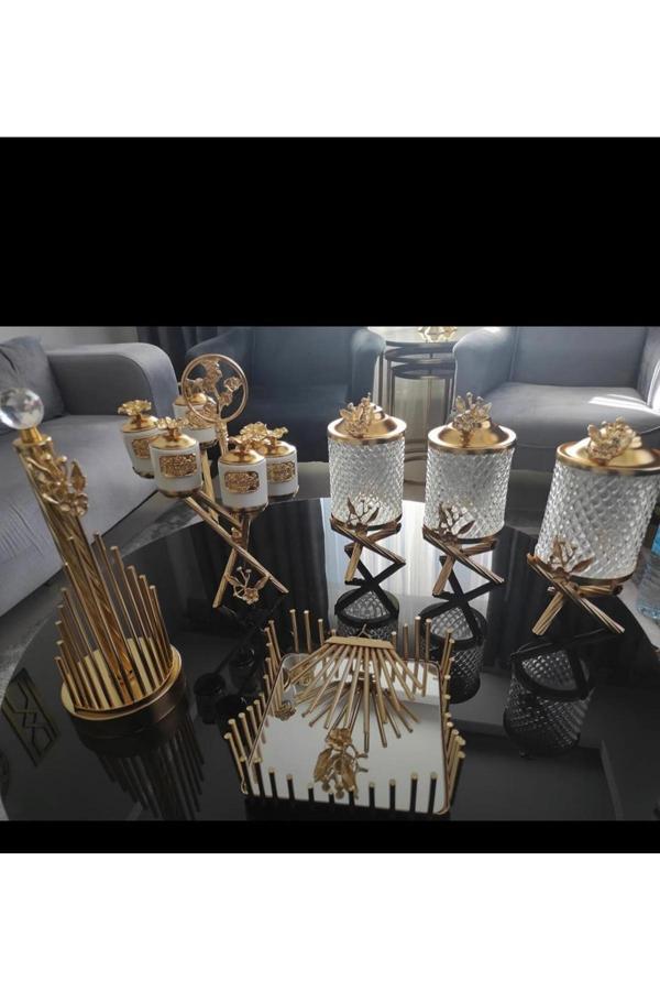 Azade Home Pirinç Japongül Mini Kristal 3’Lu Kavanoz Set Zikzak 6’Lı Porslen Baharatlık, Rulo Ve Kare Peçete - Image 1