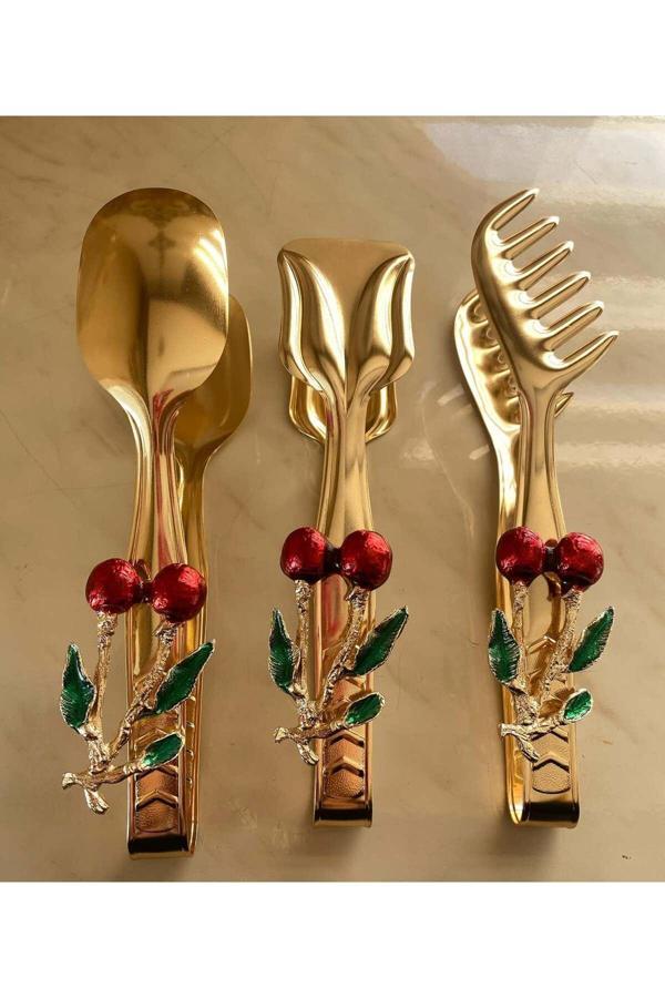 Azade Home Gold Pirinç Kirazlı 3’Lü Maşa Set - Image 1