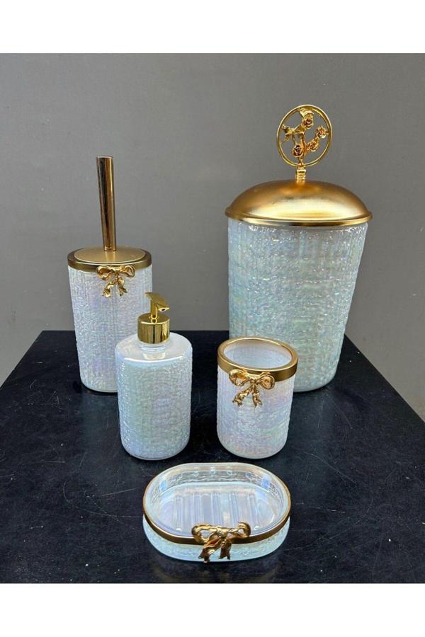 Azade Home Lüx Beyaz Yuvarlak Cam Banyo Set - Image 1