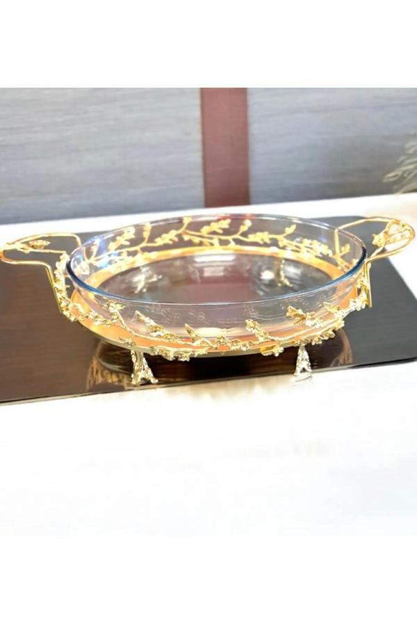 Azade Home Gold Komple Pirinç Çok Çiçek Yuvarlak Borcam Cam Sunumluk - Image 1