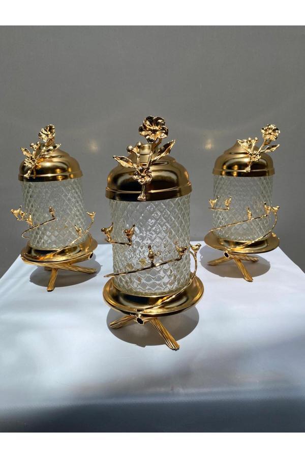 Azade Home Kuşlu Lux Kristal Kavanoz Takımı Gold - Image 1