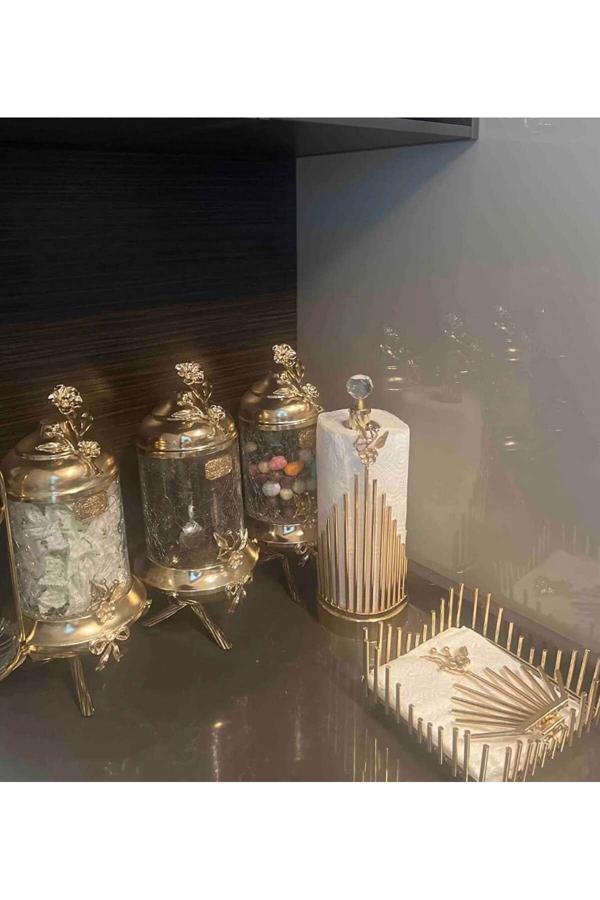 Azade Home Gold Pirinç Japongül Ayaklı Lüx Kavanoz 3’Lü Set, Çubuk Rulo Ve Kare Peçete 3’Lü Set - Image 1