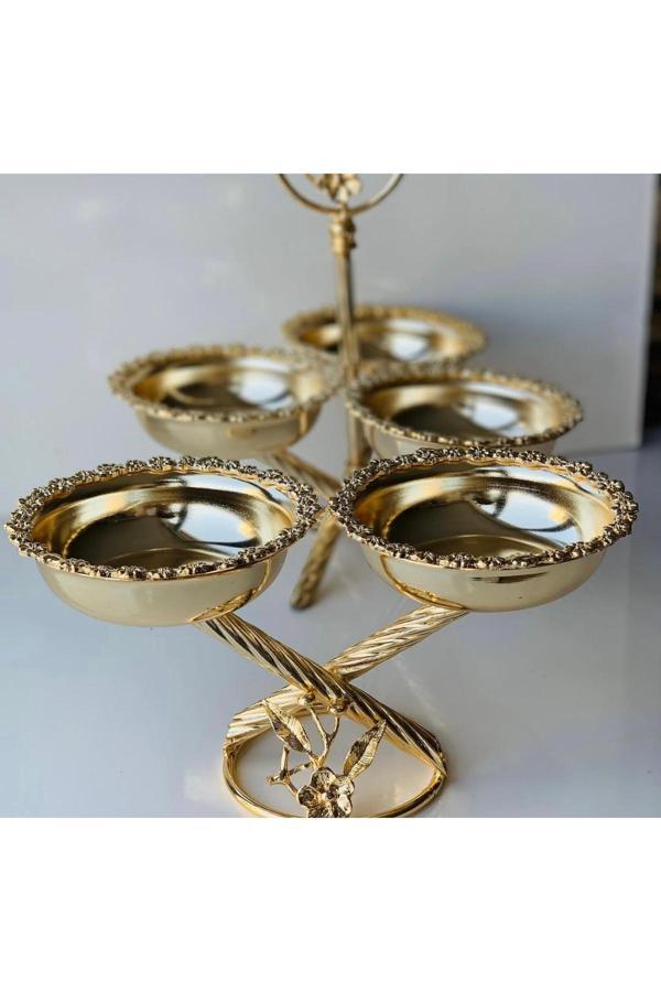 Azade Home Gold Pirinç Çok Çiçek 3’Lü Çerezlik Ve 2’Li Çerezlik 2’Li Set - Image 1