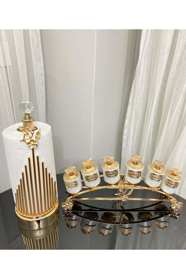 Azade Home Gold Pirinç Japongül Uzun Porselen 6’Lı Baharatlık Ve Çubuk Rulo 2’Li Set - Image 1