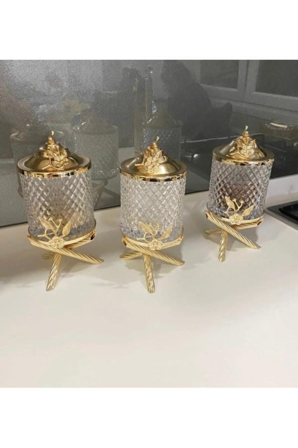Azade Home Gold Pirinç Japongül Kristal Cam Kavanoz 3’Lü Set - Image 1