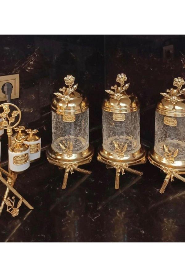 Azade Home Pirinç Japongül Ayaklı Lüx Kavanoz 3’Lü Set - Image 1