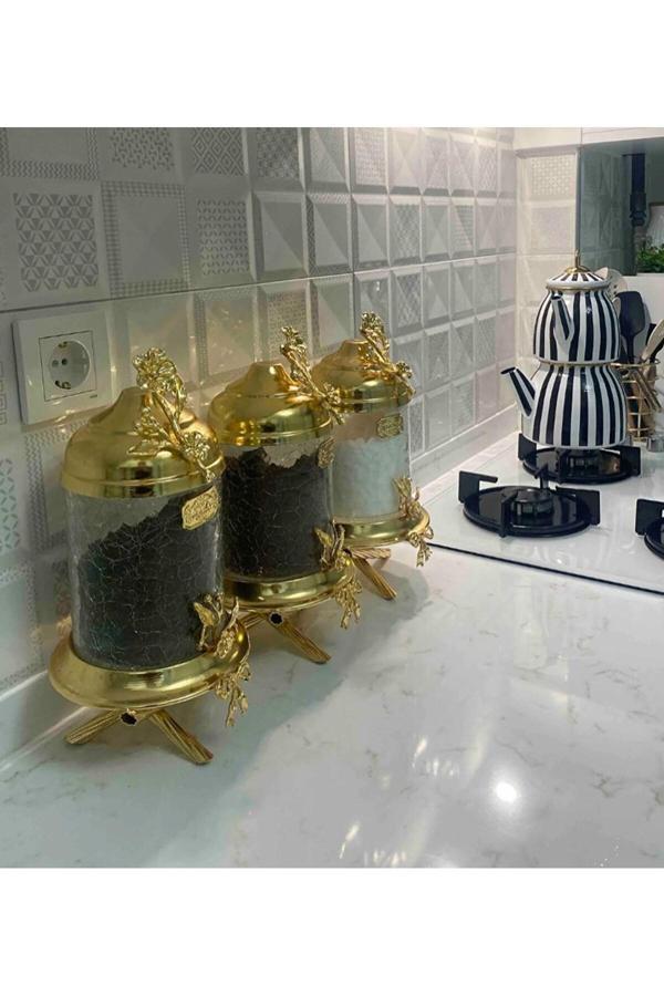 Azade Home Pirinç Japongül Ayaklı Lüx Kavanoz 3’Lü Set - Image 1